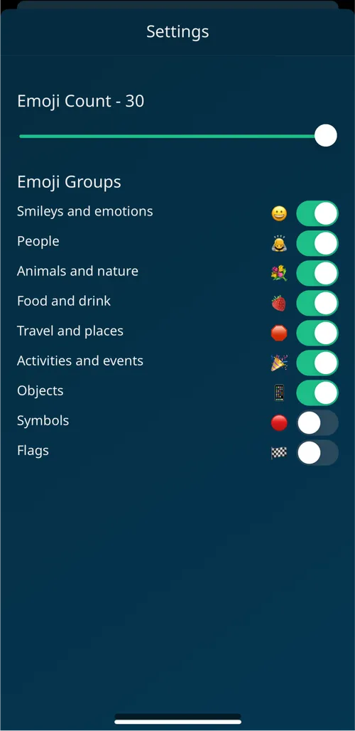 Screenshot of the settings screen, showing a slider to adjust the number of Emoji, and toggle buttons to turn off specific emoji categories. 